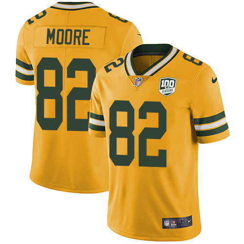 Green Bay Packers #82 J'Mon Moore Yellow Men's 100th Season Stitched Limited Rush Jersey Men's