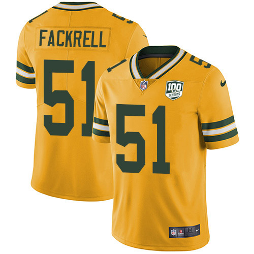 Green Bay Packers #51 Kyler Fackrell Yellow Men's 100th Season Stitched Limited Rush Jersey Men's