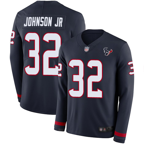 Houston Texans #32 Lonnie Johnson Jr. Navy Blue Team Color Men's Stitched Limited Therma Long Sleeve Jersey Men's