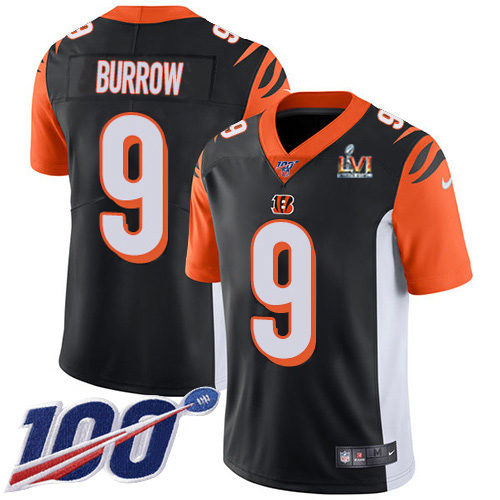 Bengals #9 Joe Burrow Black Team Color Super Bowl LVI Patch Youth Stitched 100th Season Vapor Limited Jersey