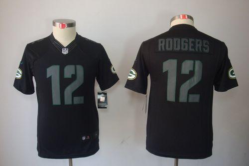 Packers #12 Aaron Rodgers Black Impact Youth Stitched Limited Jersey