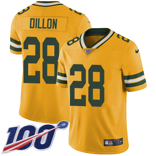 Packers #28 AJ Dillon Yellow Youth Stitched Limited Rush 100th Season Jersey