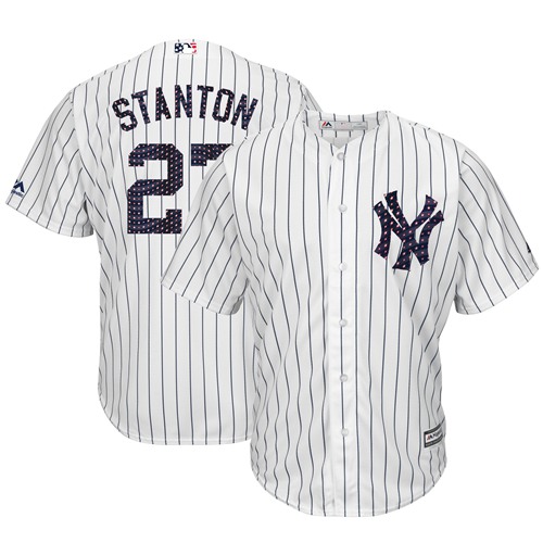 New York Yankees #27 Giancarlo Stanton White Strip New Cool Base 2018 Stars & Stripes Stitched Jersey Men's