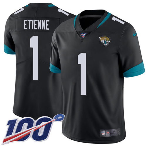 Jaguars #1 Travis Etienne Black Team Color Men's Stitched 100th Season Vapor Limited Jersey