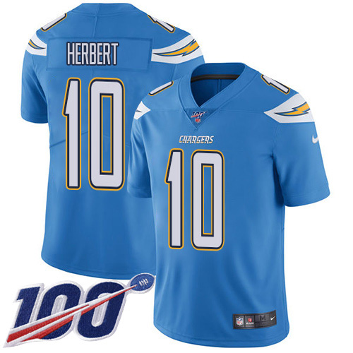 Chargers #10 Justin Herbert Electric Blue Alternate Youth Stitched 100th Season Vapor Untouchable Limited Jersey