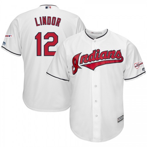 Cleveland Guardians #12 Francisco Lindor Majestic Home 2019 All-Star Game Patch Cool Base Player Jersey White Men's