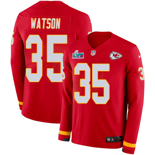 Chiefs #35 Jaylen Watson Red Team Color Super Bowl LVII Patch Men's Stitched Limited Therma Long Sleeve Jersey