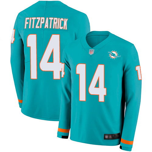 Miami Dolphins #14 Ryan Fitzpatrick Aqua Green Team Color Men's Stitched Limited Therma Long Sleeve Jersey Men's
