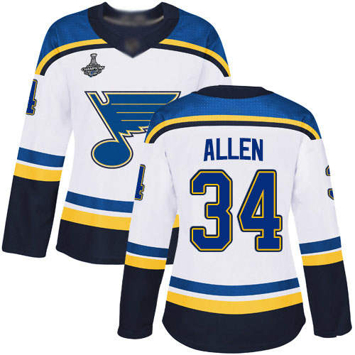Adidas St. Louis Blues #34 Jake Allen White Road Authentic Stanley Cup Champions Women's Stitched Jersey Womens