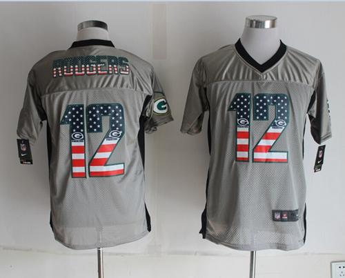 Packers #12 Aaron Rodgers Grey Men's Stitched Elite USA Flag Fashion Jersey