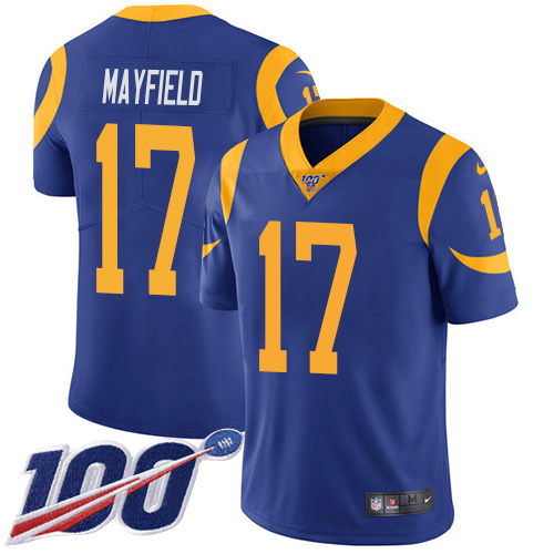 Rams #17 Baker Mayfield Royal Blue Alternate Men's Stitched 100th Season Vapor Limited Jersey