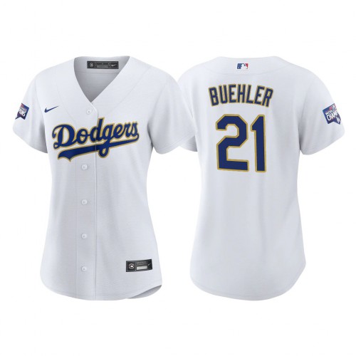 Los Angeles Los Angeles Dodgers #21 Walker Buehler Women's 2021 Gold Program World Series Champions Jersey Whtie Womens