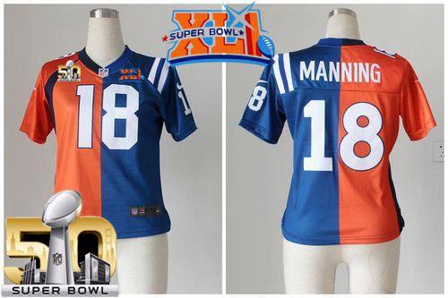Colts #18 Peyton Manning Orange/Blue Super Bowl XLI & Super Bowl 50 Women's Stitched Elite Split Broncos Jersey