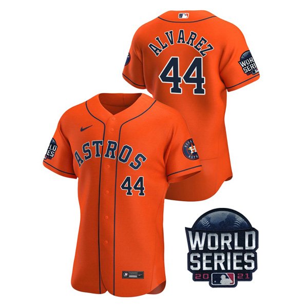 Houston Astros #44 Yordan Alvarez Men's 150th Anniversary 2021 World Series Authentic Jersey - Orange