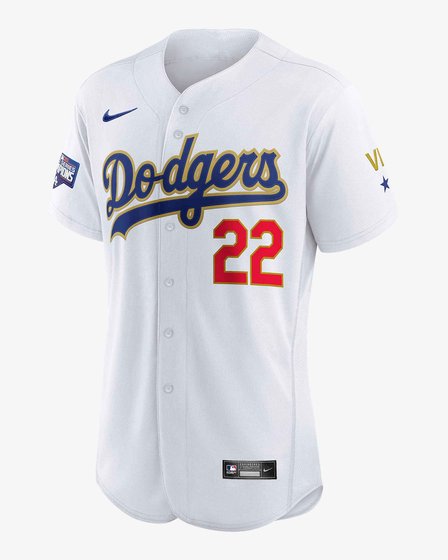Los Angle Dodgers #22 Clayton Kershaw Men's White 2020 World Series Champions Gold Authentic Baseball Jersey