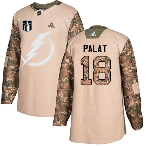 Adidas Tampa Bay Lightning #18 Ondrej Palat Camo Authentic 2022 Stanley Cup Final Patch Youth Veterans Day Stitched Jersey Youth