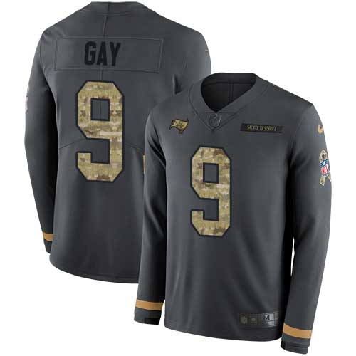 Tampa Bay Buccaneers #9 Matt Gay Anthracite Salute to Service Men's Stitched Limited Therma Long Sleeve Jersey Men's