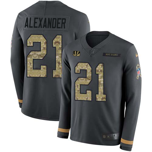 Cincinnati Bengals #21 Mackensie Alexander Anthracite Salute to Service Men's Stitched Limited Therma Long Sleeve Jersey Men's