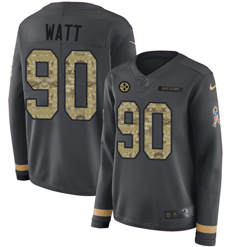 Steelers #90 T. J. Watt Anthracite Salute To Service Women's Stitched Limited Therma Long Sleeve Jersey
