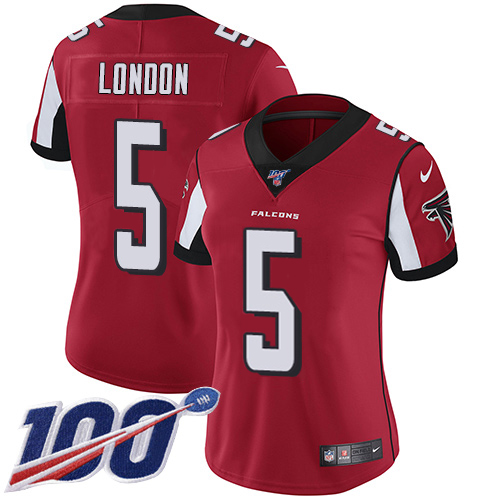 Falcons #5 Drake London Red Team Color Stitched Women's 100th Season Vapor Untouchable Limited Jersey