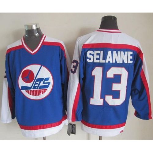 Winnipeg Jets #13 Teemu Selanne Blue/White CCM Throwback Stitched Jersey Men's