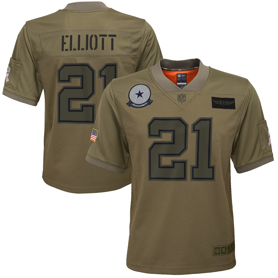 Youth Dallas Cowboys #21 Ezekiel Elliott Camo 2019 Salute To Service Game Jersey