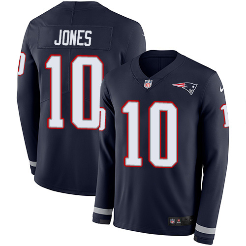 Patriots #10 Mac Jones Navy Blue Team Color Men's Stitched Limited Therma Long Sleeve Jersey