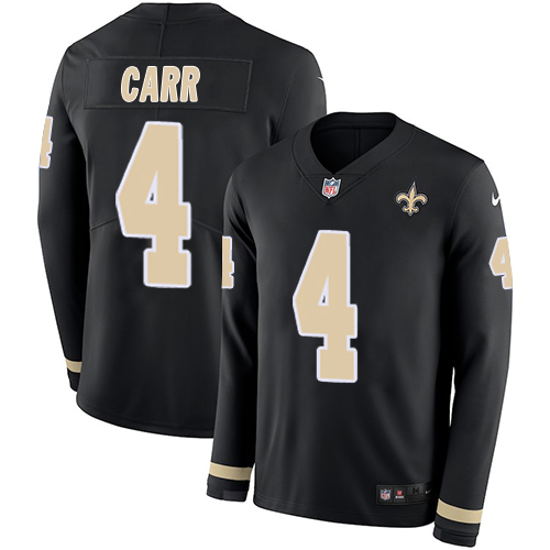 Saints #4 Derek Carr Black Team Color Youth Stitched Limited Therma Long Sleeve Jersey