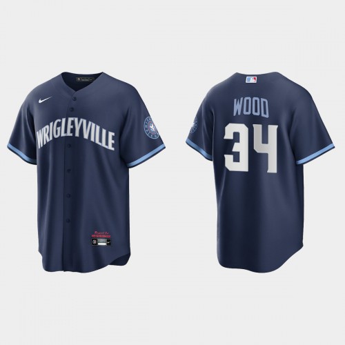 Chicago Chicago Cubs #34 Kerry Wood Men's 2021 City Connect Fans Version Navy Jersey Men's