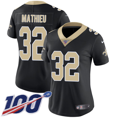 Saints #32 Tyrann Mathieu Black Team Color Women's Stitched 100th Season Vapor Limited Jersey