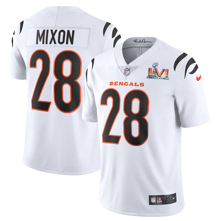 Cincinnati Bengals #28 Joe Mixon White Super Bowl LVI Patch Youth Vapor Limited Jersey