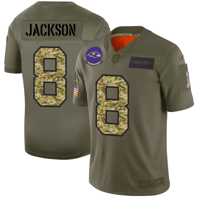 Baltimore Ravens #8 Lamar Jackson Men's 2019 Olive Camo Salute To Service Limited Jersey