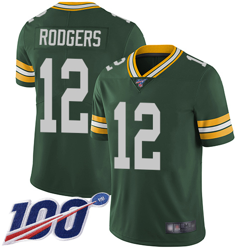 Packers #12 Aaron Rodgers Green Team Color Youth Stitched 100th Season Vapor Limited Jersey