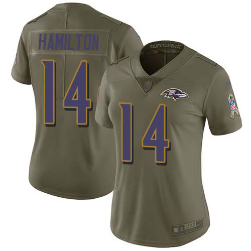 Ravens #14 Kyle Hamilton Olive Women's Stitched Limited 2017 Salute To Service Jersey