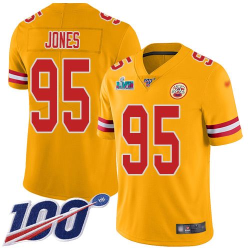 Chiefs #95 Chris Jones Gold Super Bowl LVII Patch Men's Stitched Limited Inverted Legend 100th Season Jersey