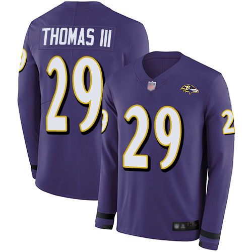 Baltimore Ravens #29 Earl Thomas III Purple Team Color Men's Stitched Limited Therma Long Sleeve Jersey Men's