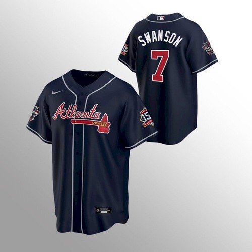Atlanta Atlanta Braves #7 Dansby Swanson Men's 150th Anniversary 2021 World Series Game Jersey - Navy Men's