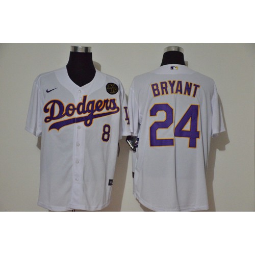 Los Angeles Los Angeles Dodgers #8 #24 Kobe Bryant Men's White Purple No. Cool Base 2020 KB Patch Jersey Men's