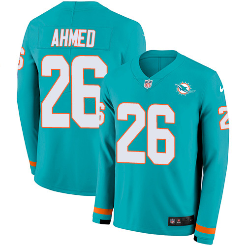 Miami Dolphins #26 Salvon Ahmed Aqua Green Team Color Youth Stitched Limited Therma Long Sleeve Jersey Youth