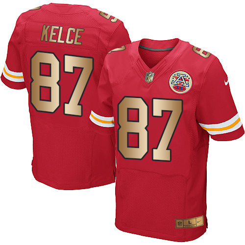Chiefs #87 Travis Kelce Red Team Color Men's Stitched Elite Gold Jersey