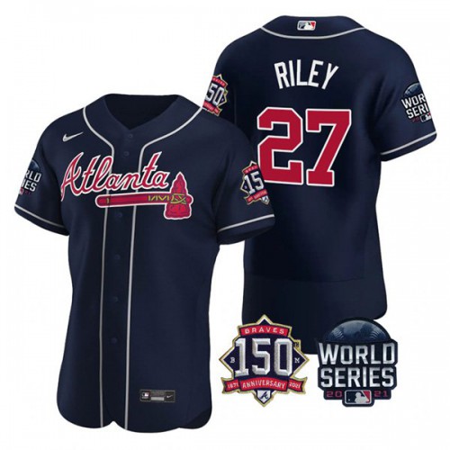 Atlanta Atlanta Braves #27 Austin Riley Men's 150th Anniversary 2021 World Series Authentic Jersey - Navy Men's