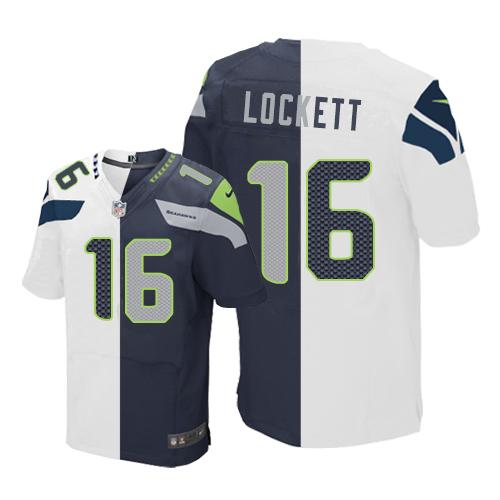 Seahawks #16 Tyler Lockett White/Steel Blue Men's Stitched Elite Split Jersey