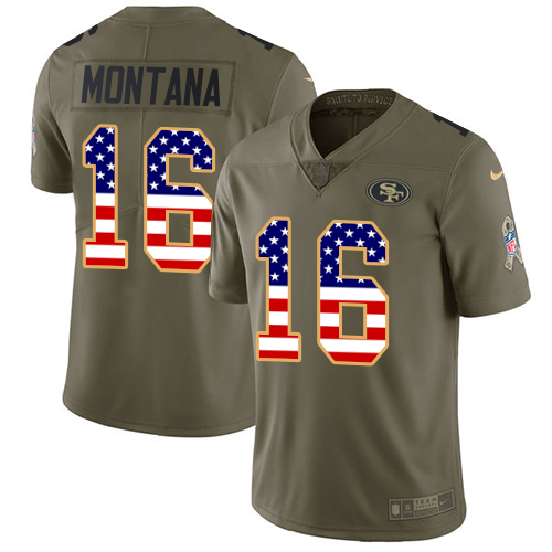 49ers #16 Joe Montana Olive/USA Flag Youth Stitched Limited 2017 Salute To Service Jersey
