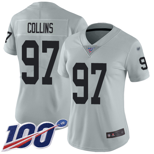 Las Vegas Raiders #97 Maliek Collins Silver Women's Stitched Limited Inverted Legend 100th Season Jersey Womens