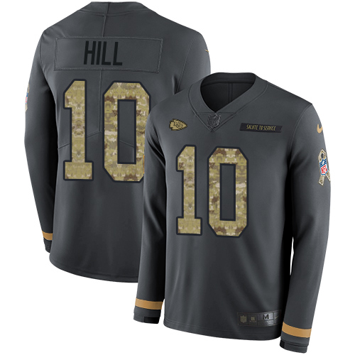 Kansas City Chiefs #10 Tyreek Hill Anthracite Salute to Service Youth Stitched Limited Therma Long Sleeve Jersey Youth