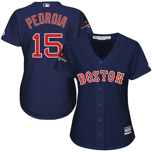 Boston Red Sox #15 Dustin Pedroia Navy Blue Alternate 2018 World Series Champions Women's Stitched Jersey Womens