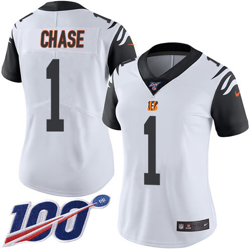 Bengals #1 Ja'Marr Chase White Women's Stitched Limited Rush 100th Season Jersey