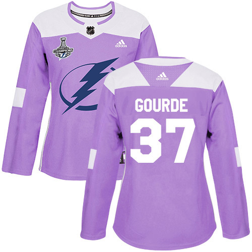 Adidas Tampa Bay Lightning #37 Yanni Gourde Purple Authentic Fights Cancer Women's 2020 Stanley Cup Champions Stitched Jersey Womens