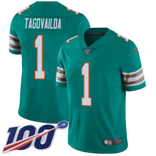 Dolphins #1 Tua Tagovailoa Aqua Green Alternate Men's Stitched 100th Season Vapor Untouchable Limited Jersey
