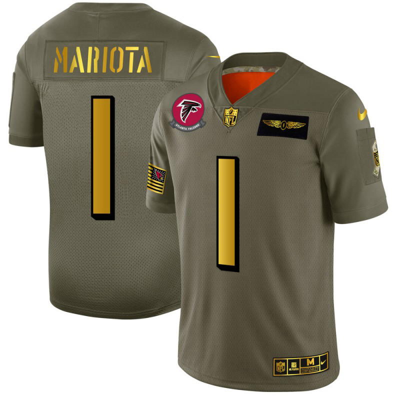 Atlanta Falcons #1 Marcus Mariota Men's Olive Gold 2019 Salute To Service Limited Jersey